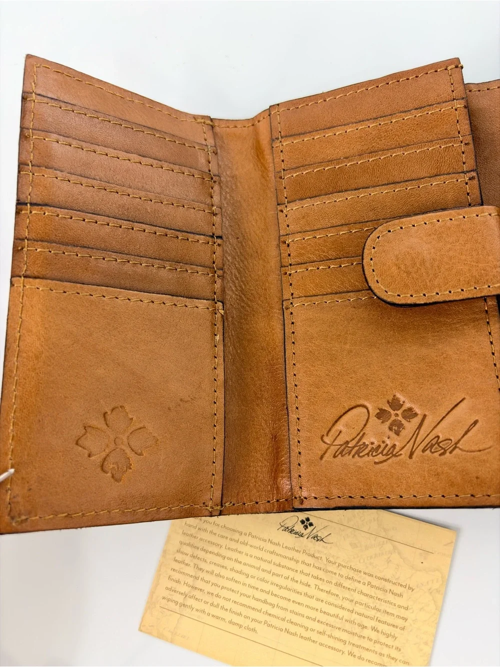 PATRICIA NASH CAMETTI Leather Trifold Wallet Clutch brown tan tooled embossed